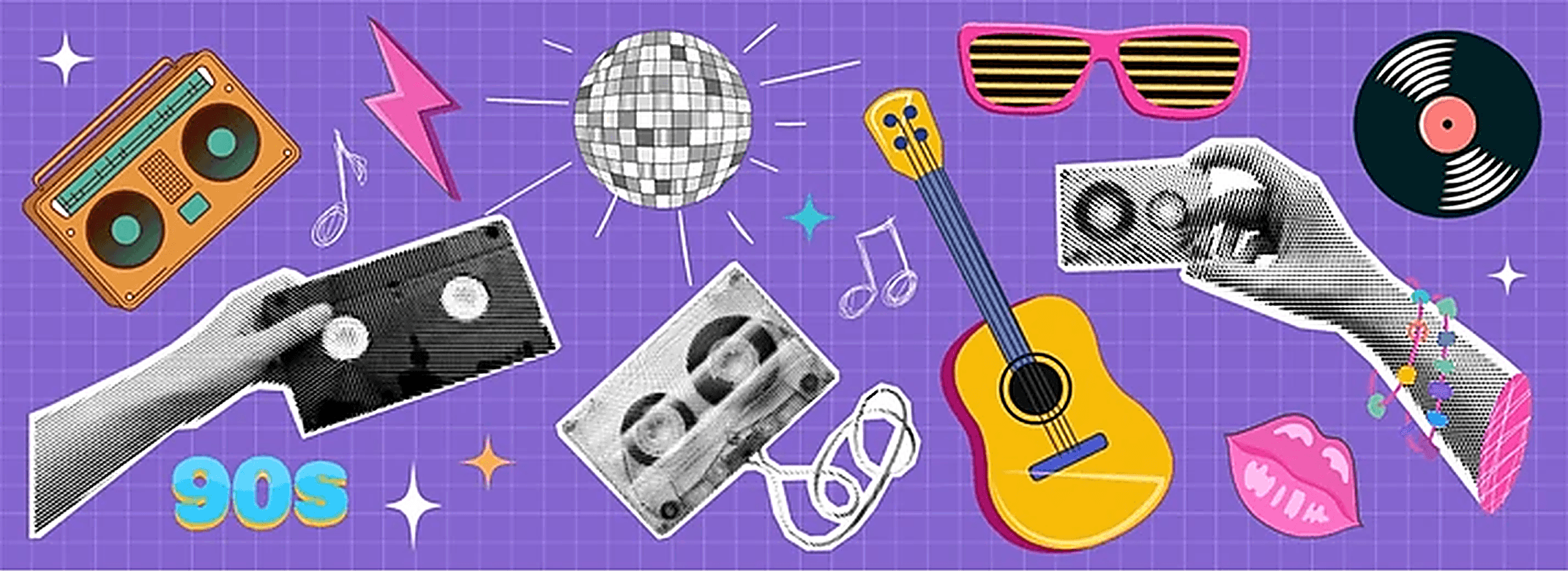 Graphic images of cassette tape, VHS tape, record, disco ball, stereo and guitar 